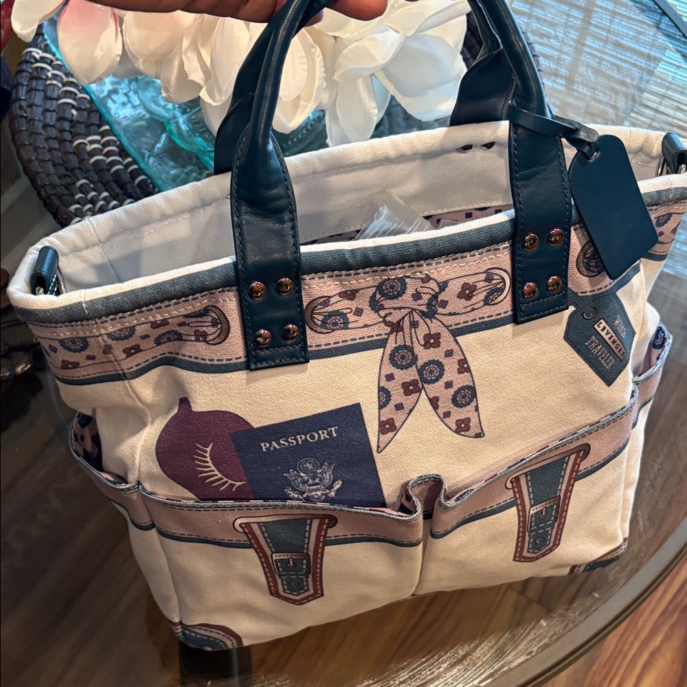 Levenger Stylish Beige and Blue Tote Bag